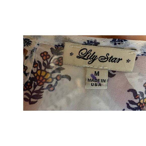 Lily Star Womens Blouse Lightweight Gray White Print Medium Polyester - Picture 2 of 9